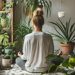 woman meditating in a cozy indoor plants meditation space with potted greenery, hanging lantern, and woven rug, back view