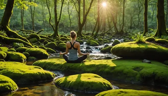 woman meditating in forest stream, practicing mindfulness breathing amidst mossy rocks and sunlight - serene nature setting