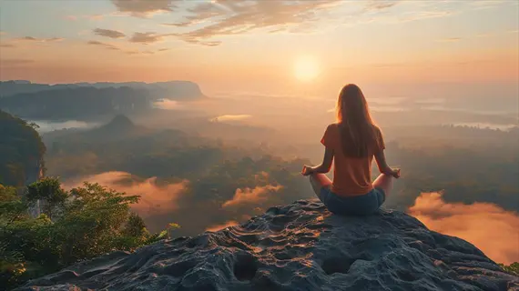 woman meditating in lotus pose on mountain cliff at sunrise, overlooking misty valley - guided imagery for mindfulness