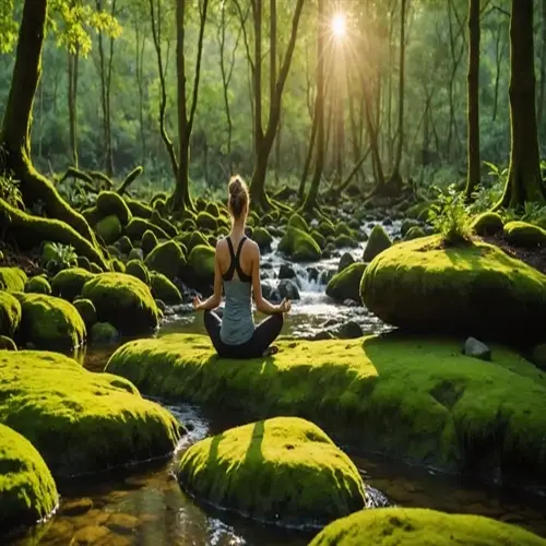 woman meditating on mossy rocks in sunlit forest stream, harmonizing mind body practice nature