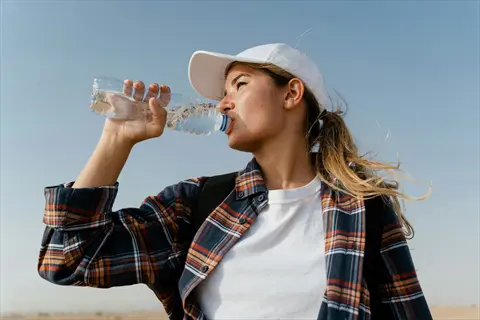 woman outdoors drinking water bottle in plaid shirt and white cap, demonstrating hydration techniques