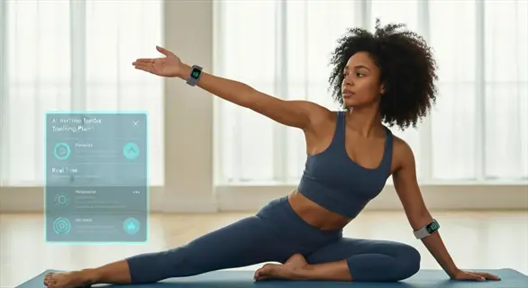 woman performing biofeedback yoga in modern studio with wearable sensors and real-time ai posture feedback display