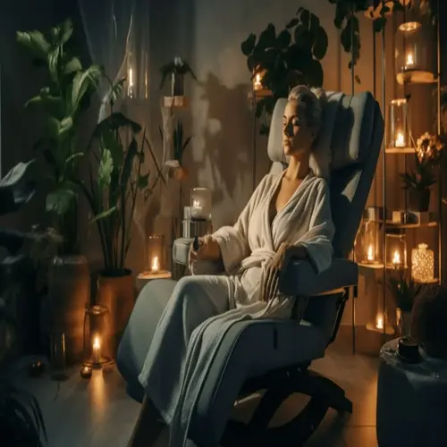 woman practicing self massage techniques at home using a massage chair in a cozy spa-like room with plants and candles