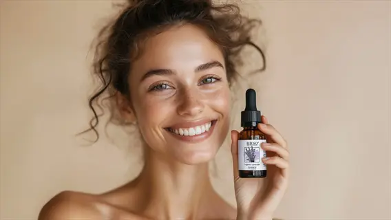 woman smiling while holding hbno calming skin oil bottle - natural solution for inflammation relief and radiant complexion