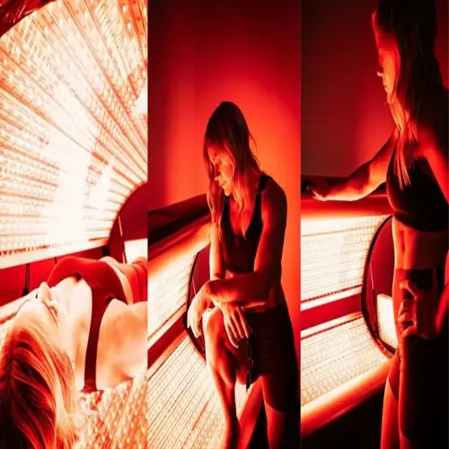 woman using red light therapy box morning: three-panel display showing different treatment poses