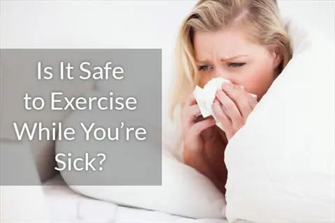 woman with immune weakness frequent colds in bed using tissue. overlaid text: 'is it safe to exercise while you're sick?'
