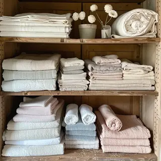 wooden shelving unit with folded blankets, towels, and linens in neutral tones, featuring decorative potted plants and dried flowers for a cozy storage display