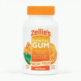 zellie's sugar free gum bottle (100 pieces) with xylitol, fresh fruit flavor, for healthy teeth and breath