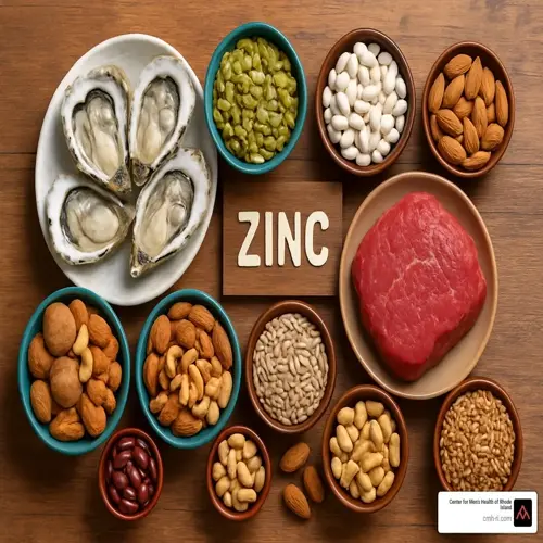 zinc-rich foods display: oysters, pumpkin seeds, beef, plus beans, nuts, and grains on wooden surface with 'zinc' text