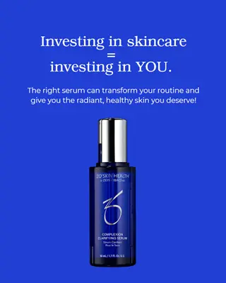zo skin health anti aging serum (complexion clarifying serum) advertisement with skincare investment message